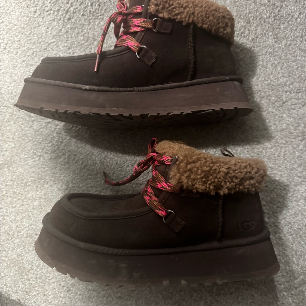UGG Funkarra Dark Brown Suede Boots with Pink laces